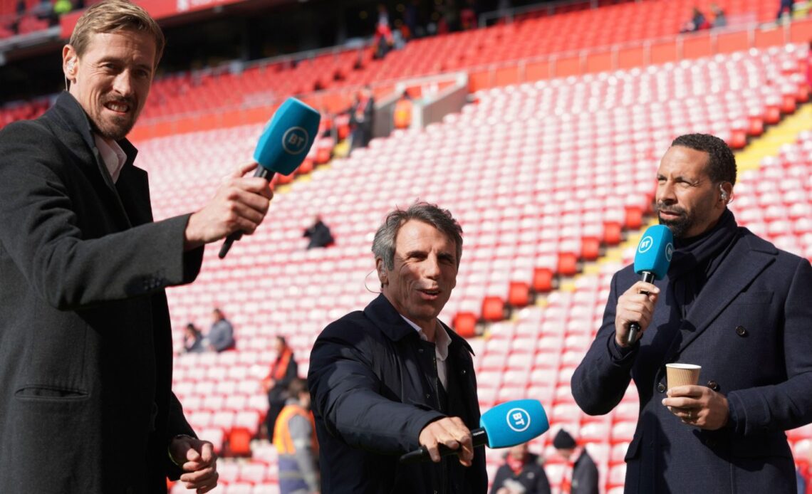 Rio Ferdinand, Peter Crouch and Gianfranco Zola during punditry for BT Sport at Anfield
