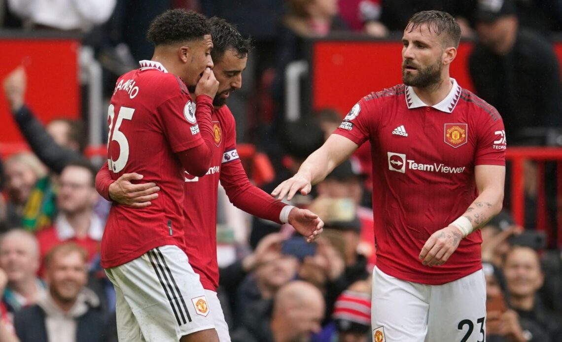Bruno Fernandes celebrates his goal for Manchester United against Aston Villa with Luke Shaw and Jadon Sancho