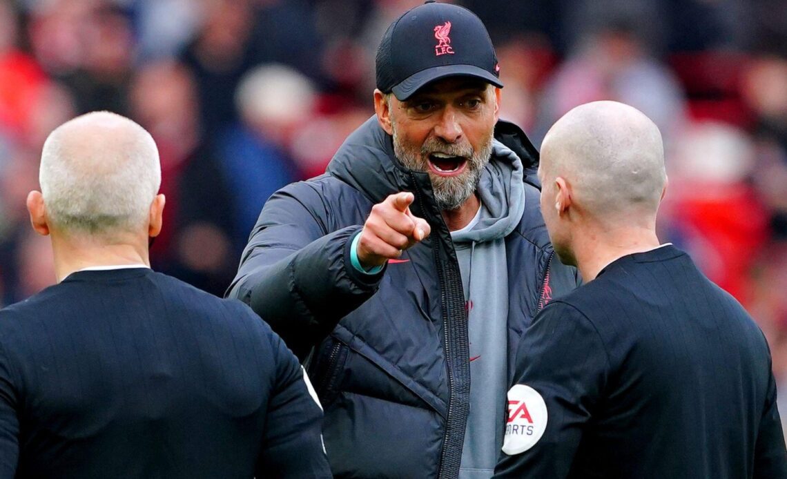 Jurgen Klopp argues with referee Paul Tierney after Liverpool's win over Tottenham.