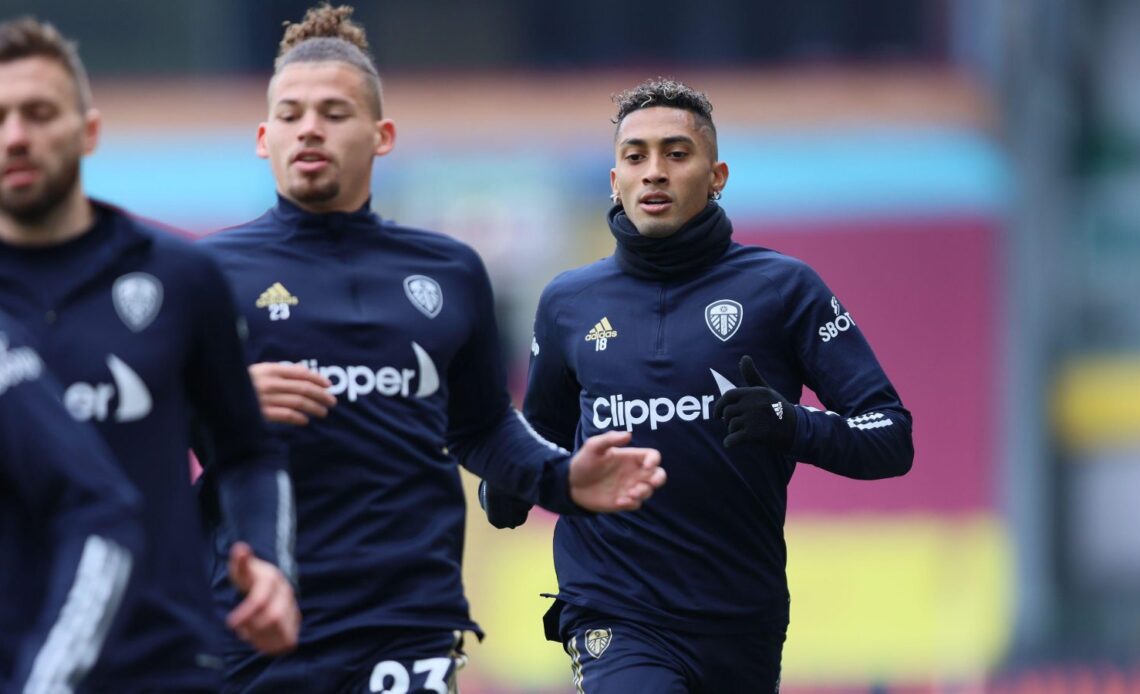 Transfer Gossip - Raphinha and Kalvin Phillips during a warm-up before a match for Leeds