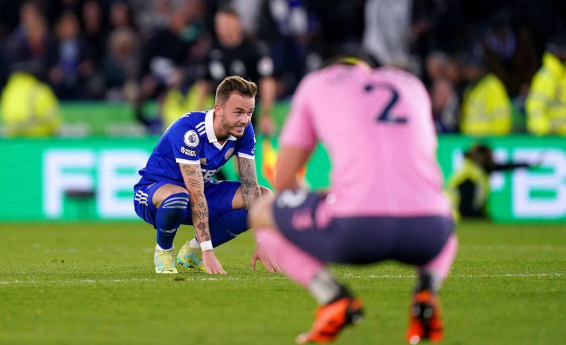 James Maddison and James Tarkowski at the end of the Premier League match between Leicester City and Everton