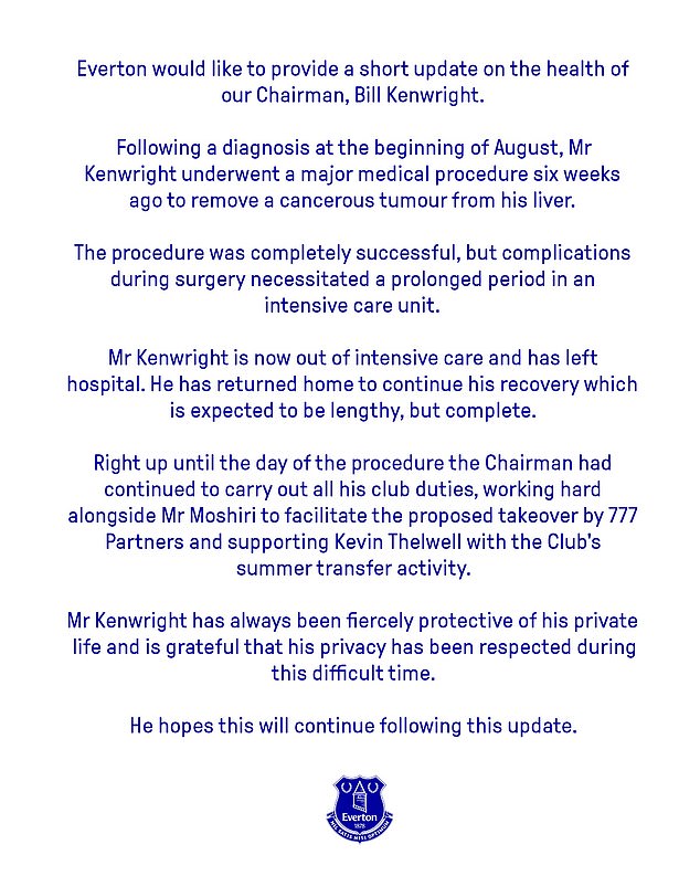 Everton released a statement on Thursday night providing an update on his condition