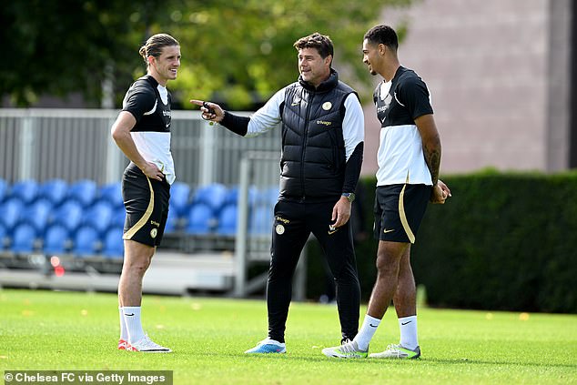 Levi Colwill (right) has had the confidence of new Chelsea manager Mauricio Pochettino (middle) in the absence of regular left-back Ben Chilwell