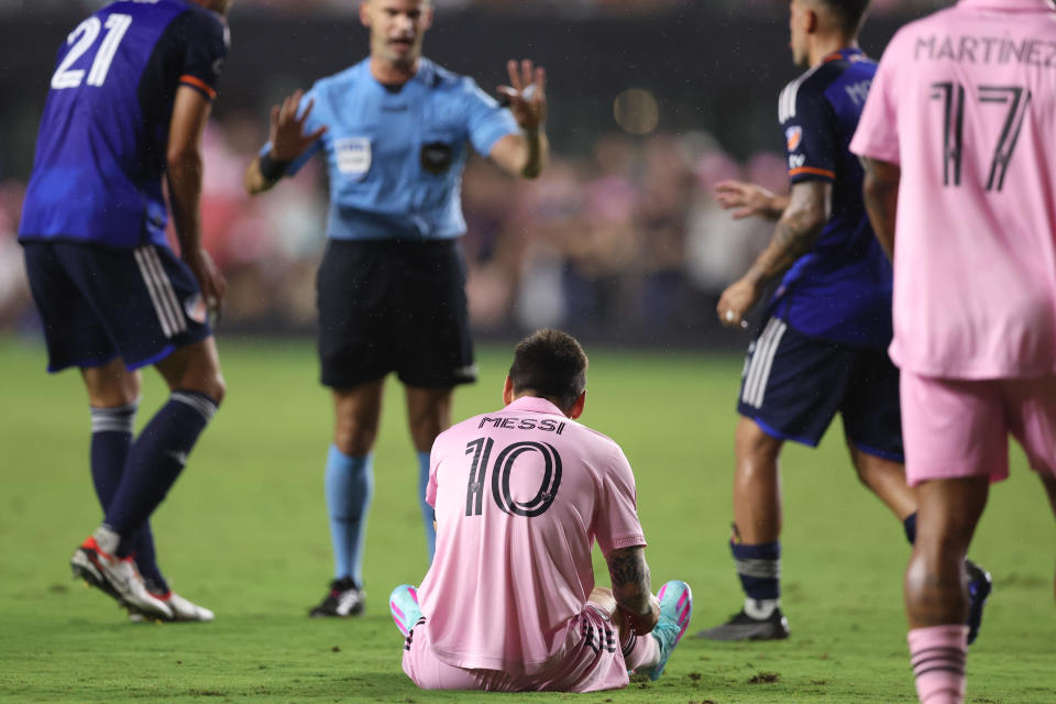 FORT LAUDERDALE, FLORIDA - OCTOBER 07: Lionel Messi #10 of Inter Miami on the field after a play against the FC Cincinnati during the second half at DRV PNK Stadium on October 07, 2023 in Fort Lauderdale, Florida. (Photo by Megan Briggs/Getty Images)
