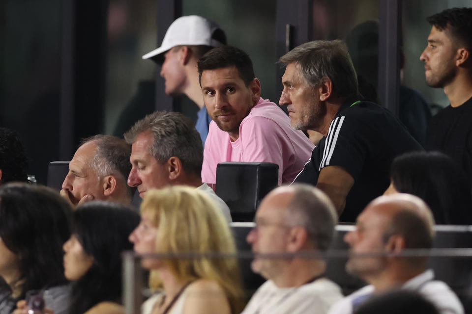 FORT LAUDERDALE, FLORIDA - SEPTEMBER 30: Lionel Messi #10 of Inter Miami CF watches from the stands in the second half against the New York City FC at DRV PNK Stadium on September 30, 2023 in Fort Lauderdale, Florida. (Photo by Megan Briggs/Getty Images)