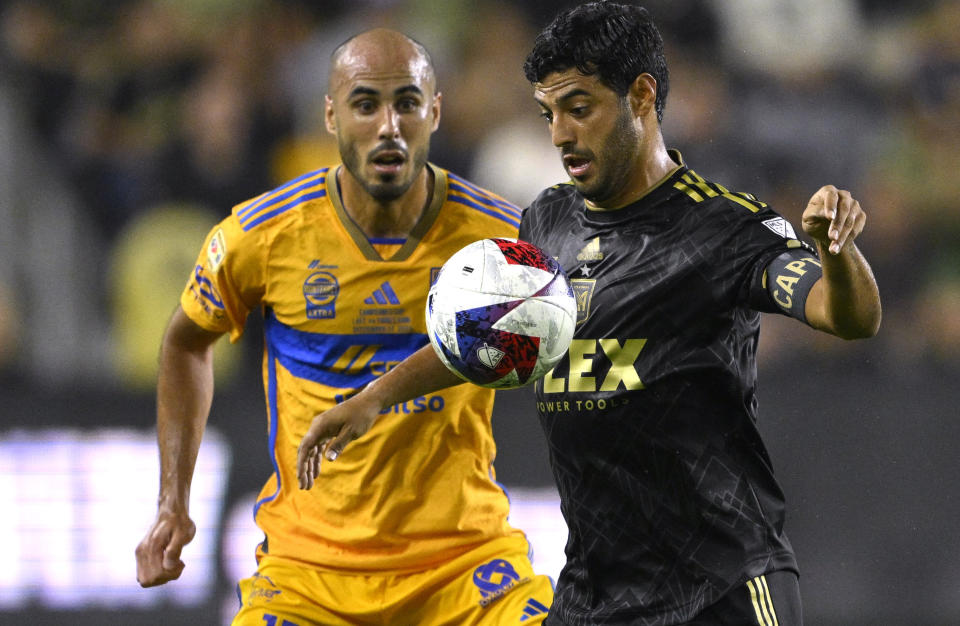 Los Angeles, CA - September 27:  Carlos Vela #10 of Los Angeles FC controls the ball against Guido Pizarro #19 of UANL Tigres in the first half of the Campeones Cup Soccer match at BMO Stadium in Los Angeles on Wednesday, September 27, 2023. (Photo by Keith Birmingham/MediaNews Group/Pasadena Star-News via Getty Images)