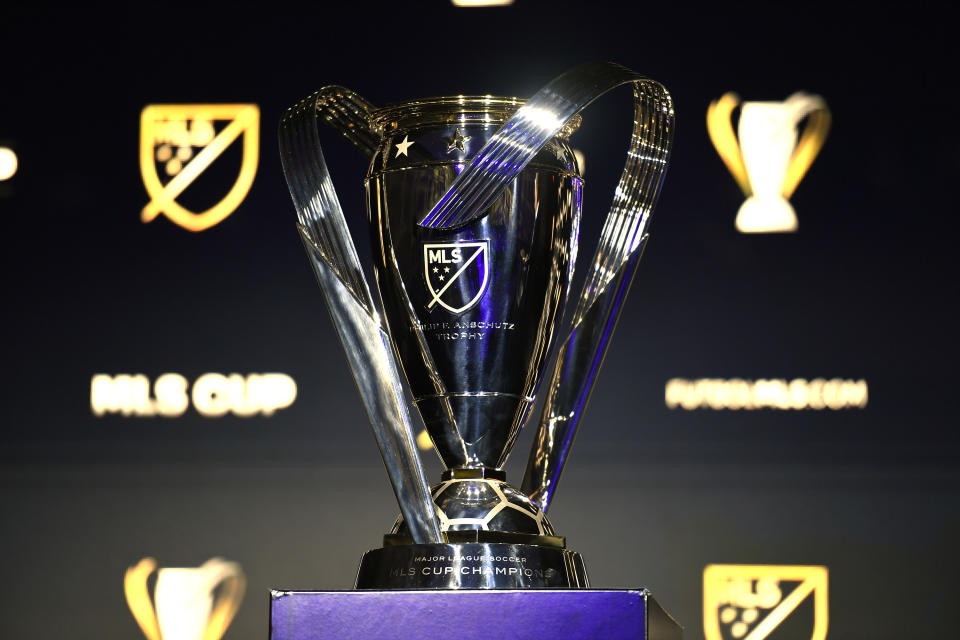 The Philip F. Anschutz Trophy is displayed during the 2022 MLS Cup Media Day on Nov. 3, 2022, in Los Angeles. (Photo by Kevork Djansezian/Getty Images)