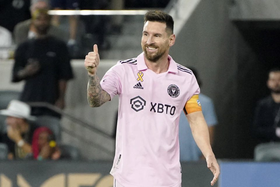 Inter Miami forward Lionel Messi gestures during the first half of a Major League Soccer match against the Los Angeles FC Sunday, Sept. 3, 2023, in Los Angeles. (AP Photo/Mark J. Terrill)