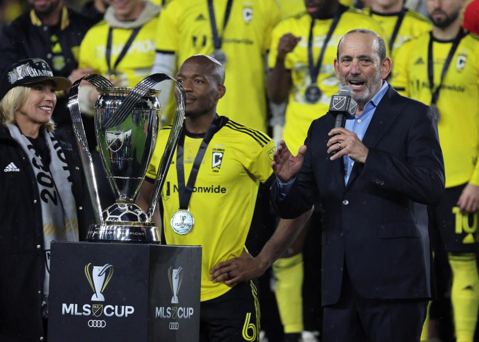 Dec 9, 2023; Columbus, OH, USA; MLS commissioner Don Garber speaks at the post game ceremony after the 2023 MLS Cup championship game between the Columbus Crew and the Los Angeles FC at Lower.com Field. Mandatory Credit: Trevor Ruszkowski-USA TODAY Sports