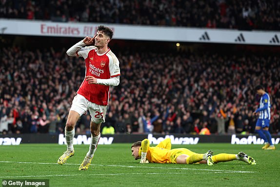 LONDON, ENGLAND - DECEMBER 17: Kai Havertz of Arsenal celebrates after scoring their team's second goal during the Premier League match between Arsenal FC and Brighton & Hove Albion at Emirates Stadium on December 17, 2023 in London, England. (Photo by Richard Heathcote/Getty Images) *** BESTPIX ***