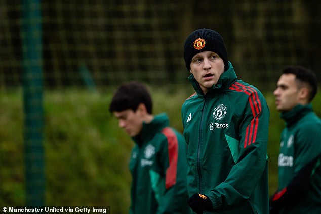 Van de Beek pictured in United training last month as his loan deal was being negotiated