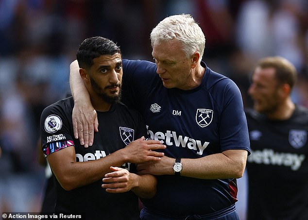 Benrahma has found it hard to nail down a starting spot throughout his Hammers career under David Moyes (right)