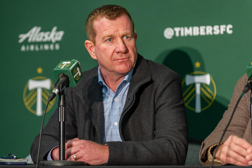 PORTLAND, OR - JANUARY 22:  Portland Timbers president of soccer, Gavin Wilkinson, speaks at the Portland Timbers Media Day on January 22, 2020, at Providence Park in Portland, OR. (Photo by Diego Diaz/Icon Sportswire via Getty Images).
