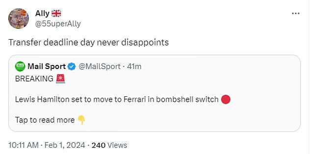 Formula One fans were quick to share their reaction to the shock news about Lewis Hamilton