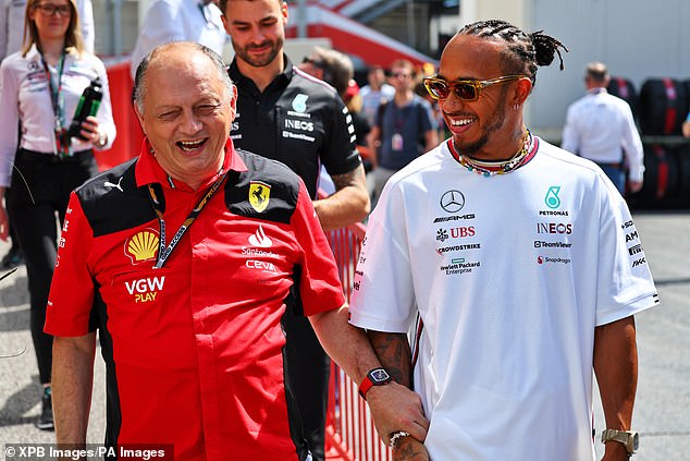 Hamilton shares a joke with Ferrari team principal Fred Vasseur in Azerbaijan last year