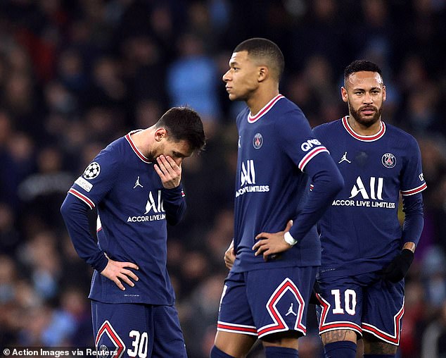 PSG's lucrative trio Mbappe (middle), Lionel Messi (left) and Neymar (right) were hoped to create the next Galacticos in Paris but ultimately failed to triumph in the Champions League
