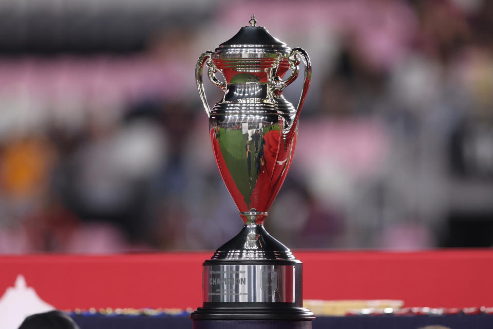 FORT LAUDERDALE, FLORIDA - SEPTEMBER 27: The Lamar Hunt U.S. Open Cup trophy is on display after the 2023 U.S. Open Cup Final between the Houston Dynamo and Inter Miami at DRV PNK Stadium on September 27, 2023 in Fort Lauderdale, Florida. (Photo by Megan Briggs/Getty Images)