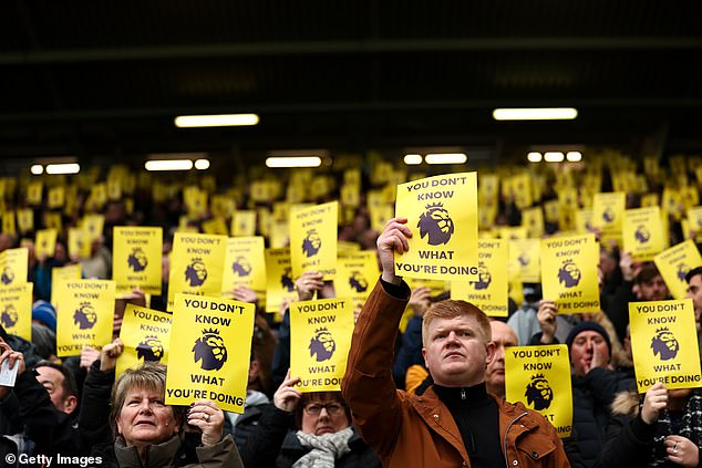 Everton fans hold up yellow cards in their protest against 10-point deduction