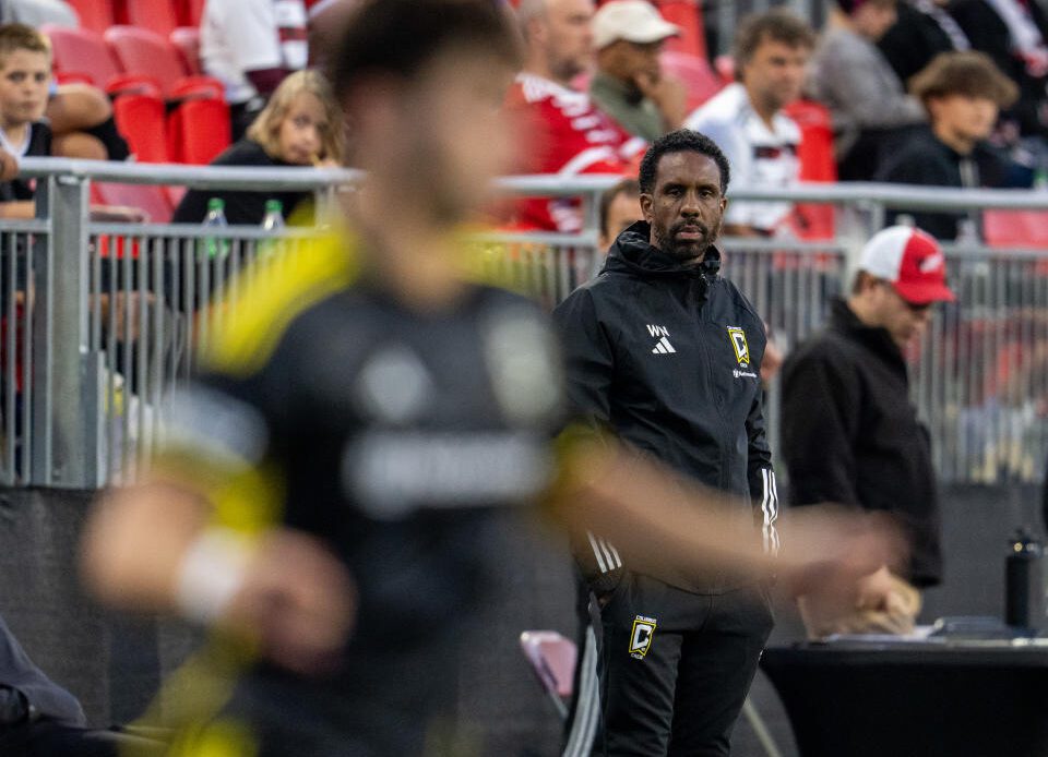 LEESBURG, VA - MAY 10: Head coach Wilfried Nancy of the Columbus Crew talks to his team during a US Open Cup game between Columbus Crew and Loudon United FC at Segra Field on May 10, 2023 in Leesburg, Virginia. (Photo by Brad Smith/USSF/Getty Images).