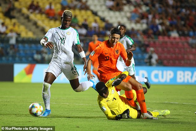 Faye, pictured playing for Senegal Under-17 in 2019, scored on his senior international debut