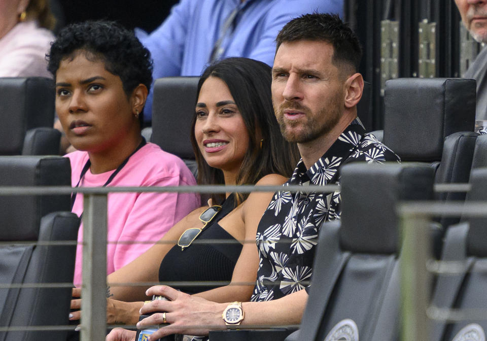 FORT LAUDERDALE, FL - MARCH 10: Lionel Messi and his wife Antonela Roccuzzo watches the MLS soccer match between CF Montreal and Inter Miami CF from the stands at Chase Stadium on March 10, 2024 in Fort Lauderdale, Fla. (Photo by Doug Murray/Icon Sportswire via Getty Images)