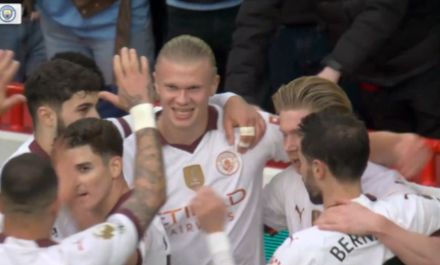 Erling Haaland doubles Man City's lead with weak foot finish