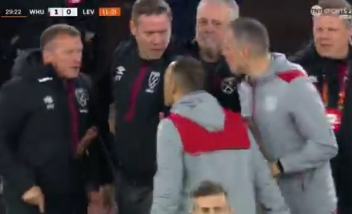 Video: Hammers coach sent off after it all kicks off on the touchline between West Ham and Leverkusen
