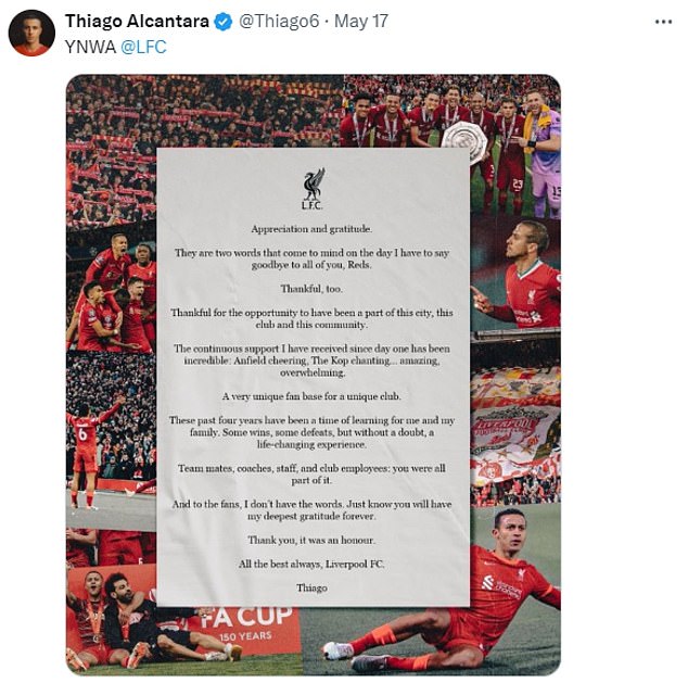 He said goodbye to Liverpool fans in a post on social media after the news was revealed