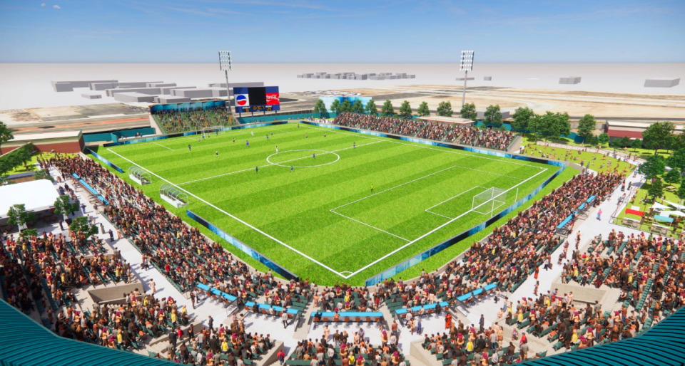 A rendering of a proposed soccer stadium at The Hangar, the former stadium of the Lancaster JetHawks.