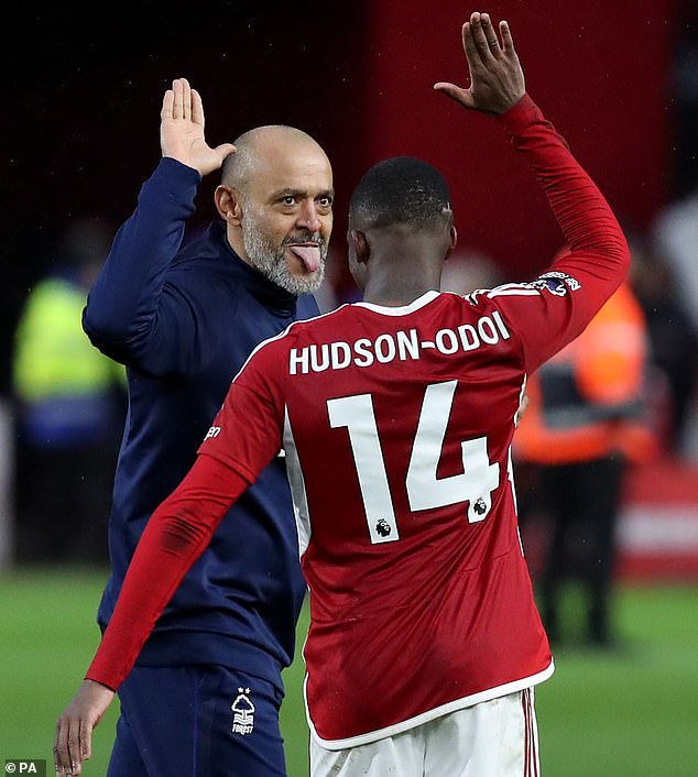 Hudson-Odoi (seen with manager Nuno Espirito Santo) is happy at Nottingham Forest though three clubs are reportedly interested in signing him during the summer transfer window