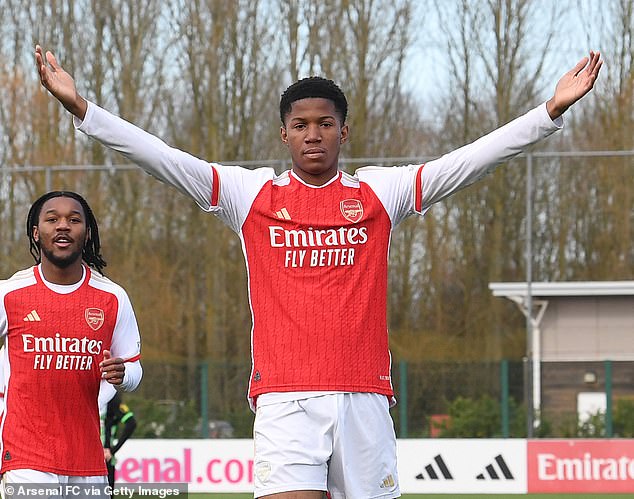 Chido Obi-Martin, 16, pictured (right) celebrating a goal for Arsenal's U18 side last season