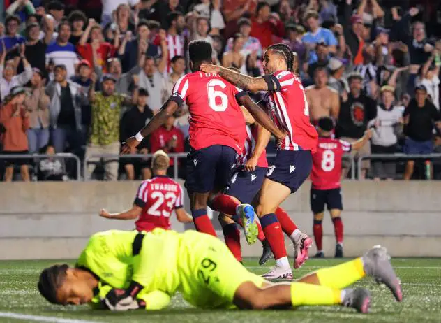 Atlético Ottawa reacts after Liberman Torres scores vs. Pacific FC