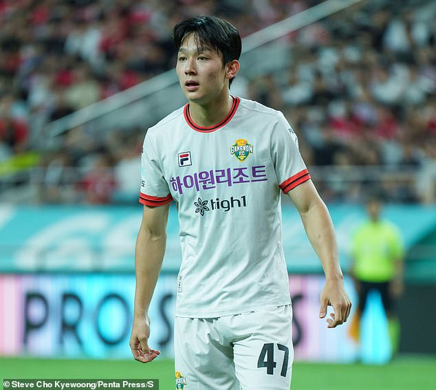 Yang Min-hyuk, 18, pictured last month playing for Gangwon FC in South Korea's K League 1