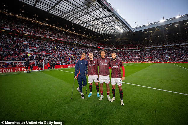 United instead bolstered their defensive ranks by signing Leny Yoro (left) from Lille, as well as former Bayern Munich duo Matthijs de Ligt (second left) and Noussair Mazaroui (right)