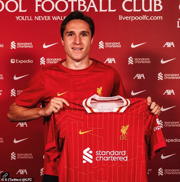 Chiesa pictured posing with the new Liverpool home shirt after completing his move to Anfield