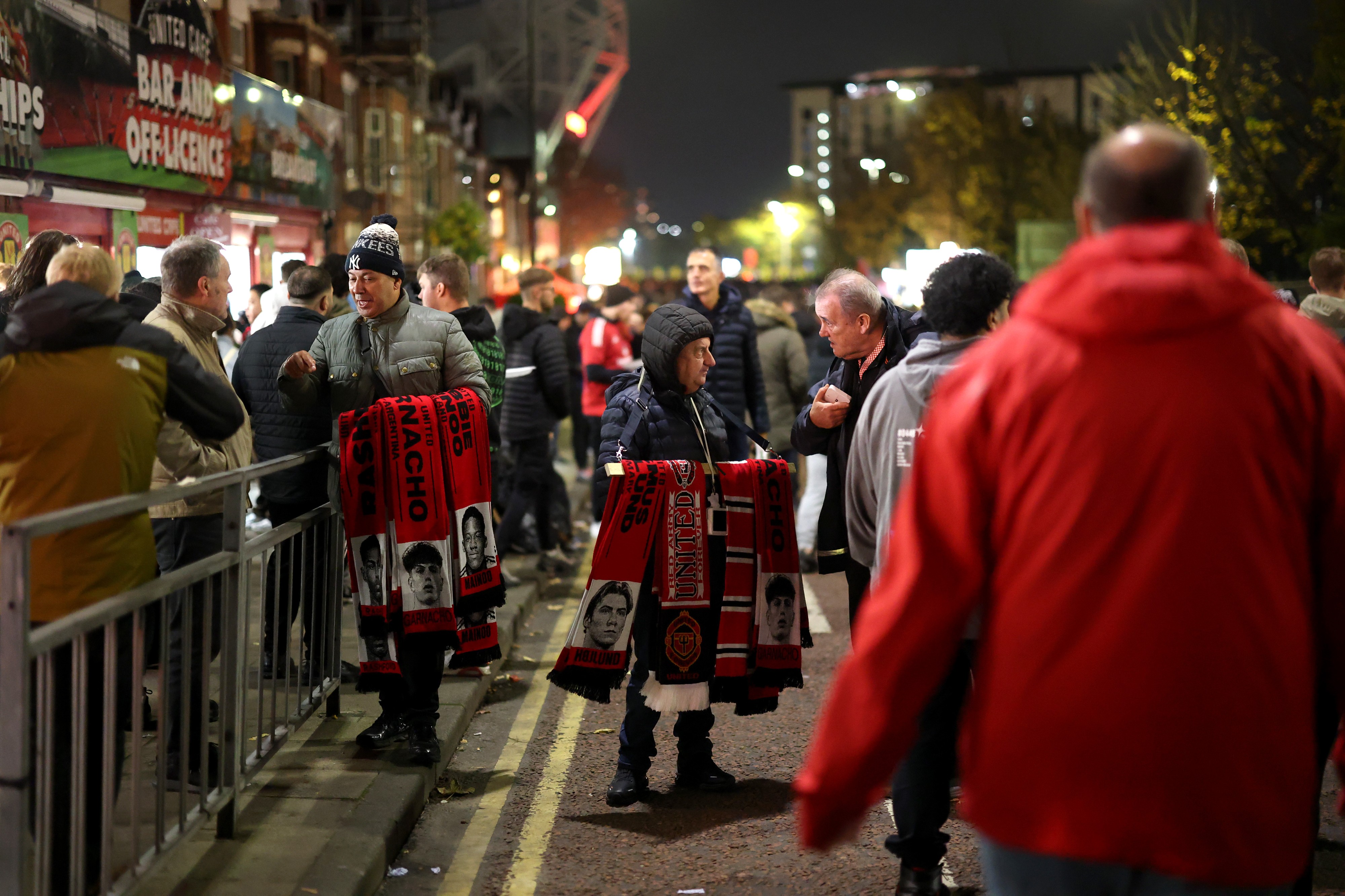 A general view as scarves are sold outside Old Trafford.