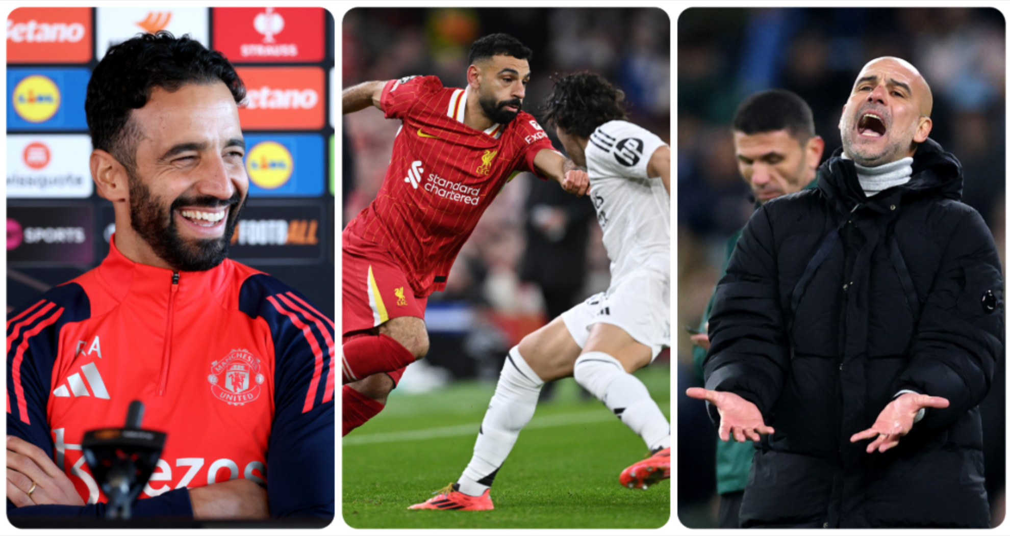 A collage of Ruben Amorim, Mo Salah and Pep Guardiola.