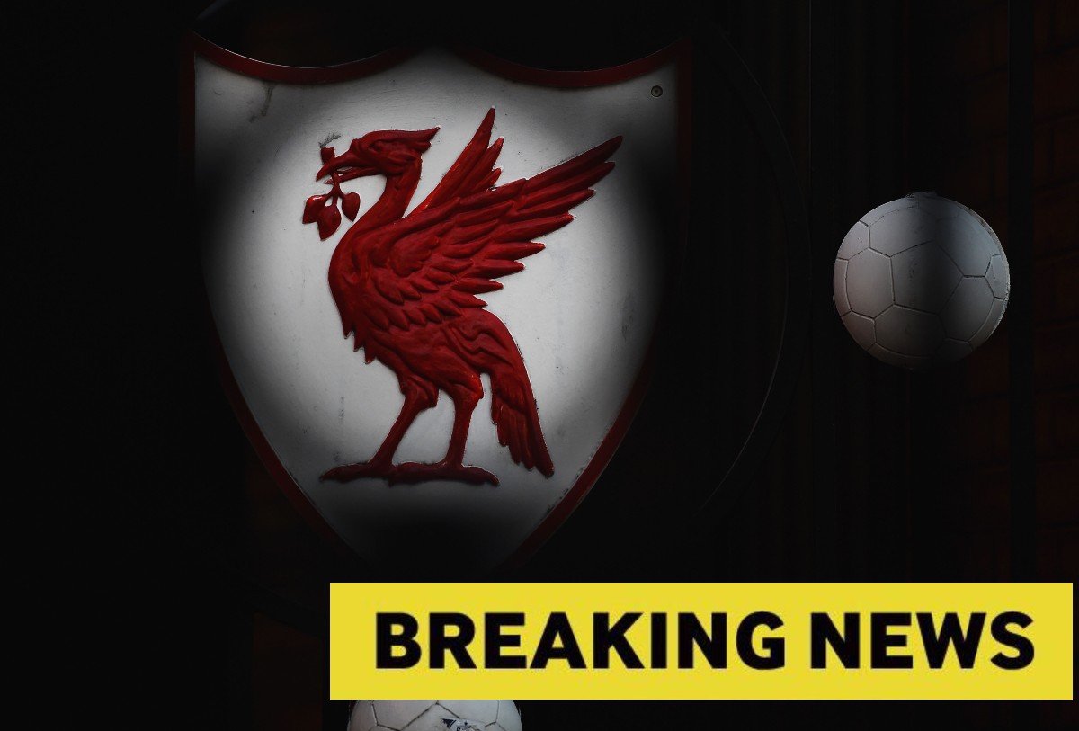 The Liverpool FC logo and a breaking news banner