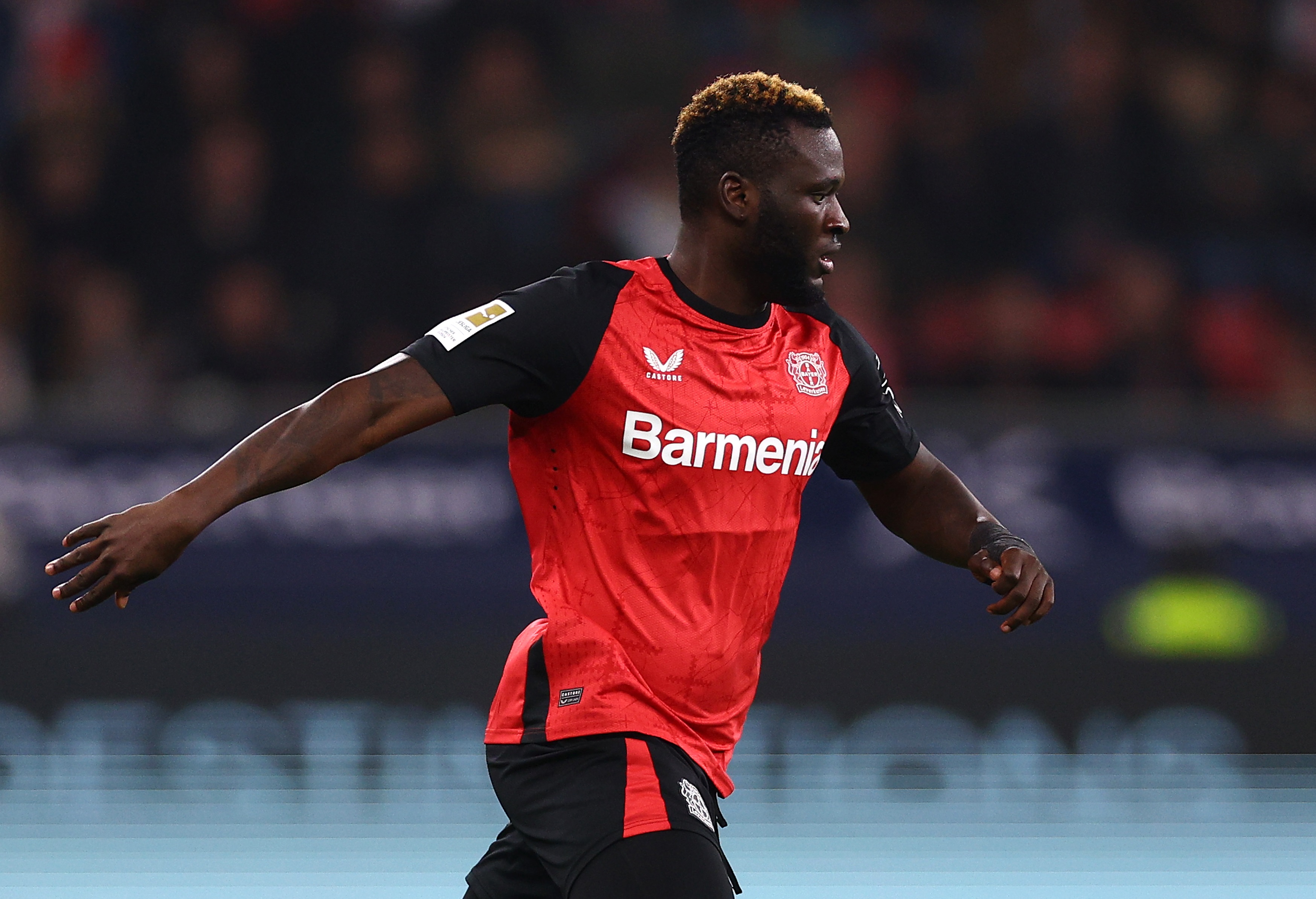 Manchester United target Victor Boniface in action with Bayer Leverkusen.