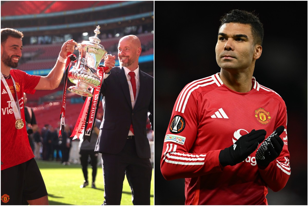 Man United celebrating with the FA Cup last season, and Casemiro in action for the Red Devils this season