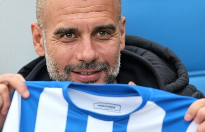 An AI generated image of Pep Guardiola holding a Brighton shirt