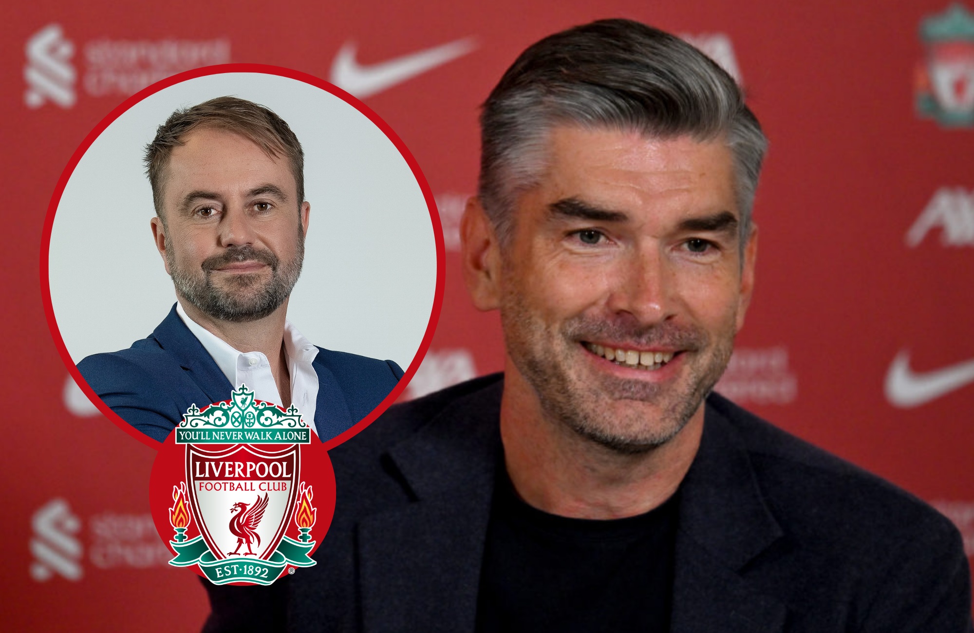 Richard Hughes smiles next to a picture of Christian Falk and the Liverpool club crest.