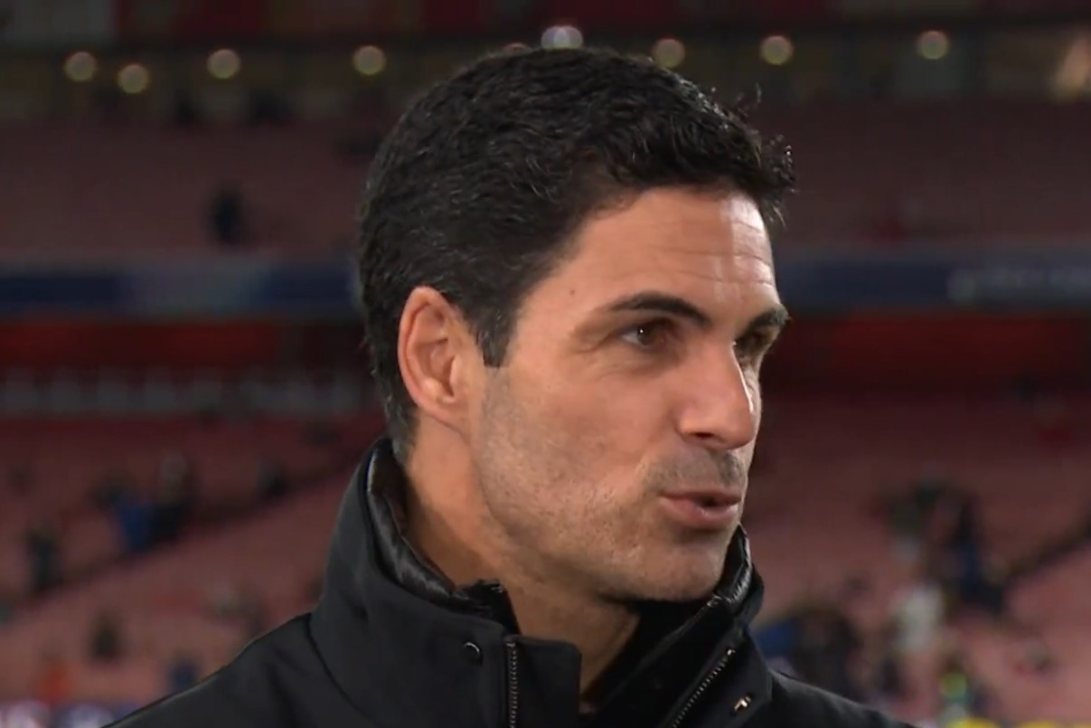 Mikel Arteta of Arsenal talking to TNT Sports