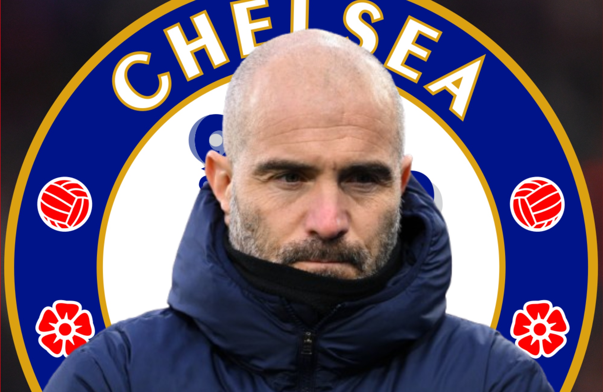 Enzo Maresca looks grumpy in front of Chelsea club badge.