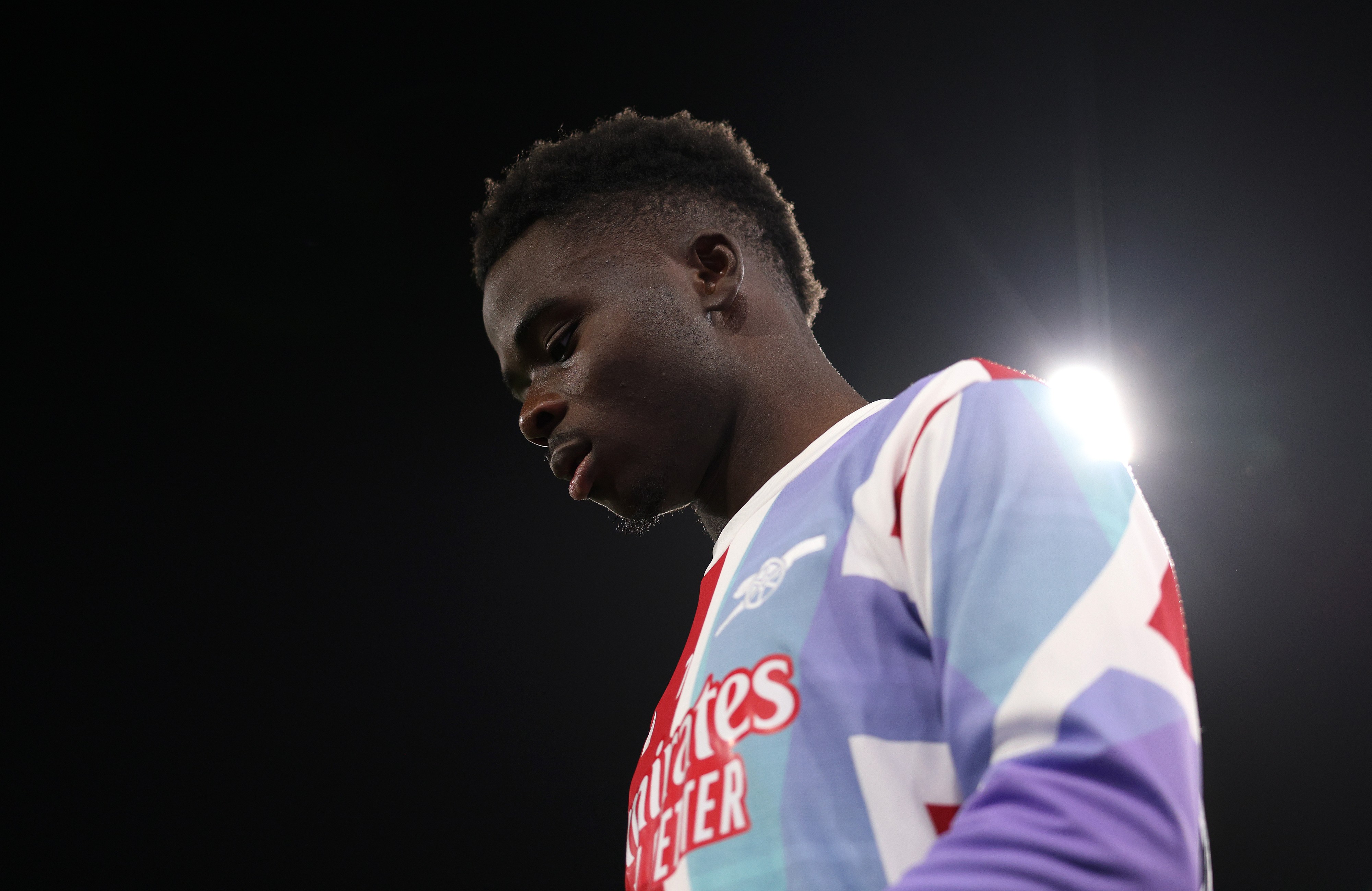 Bukayo Saka of Arsenal warms up before the Premier League match against Crystal Palace.