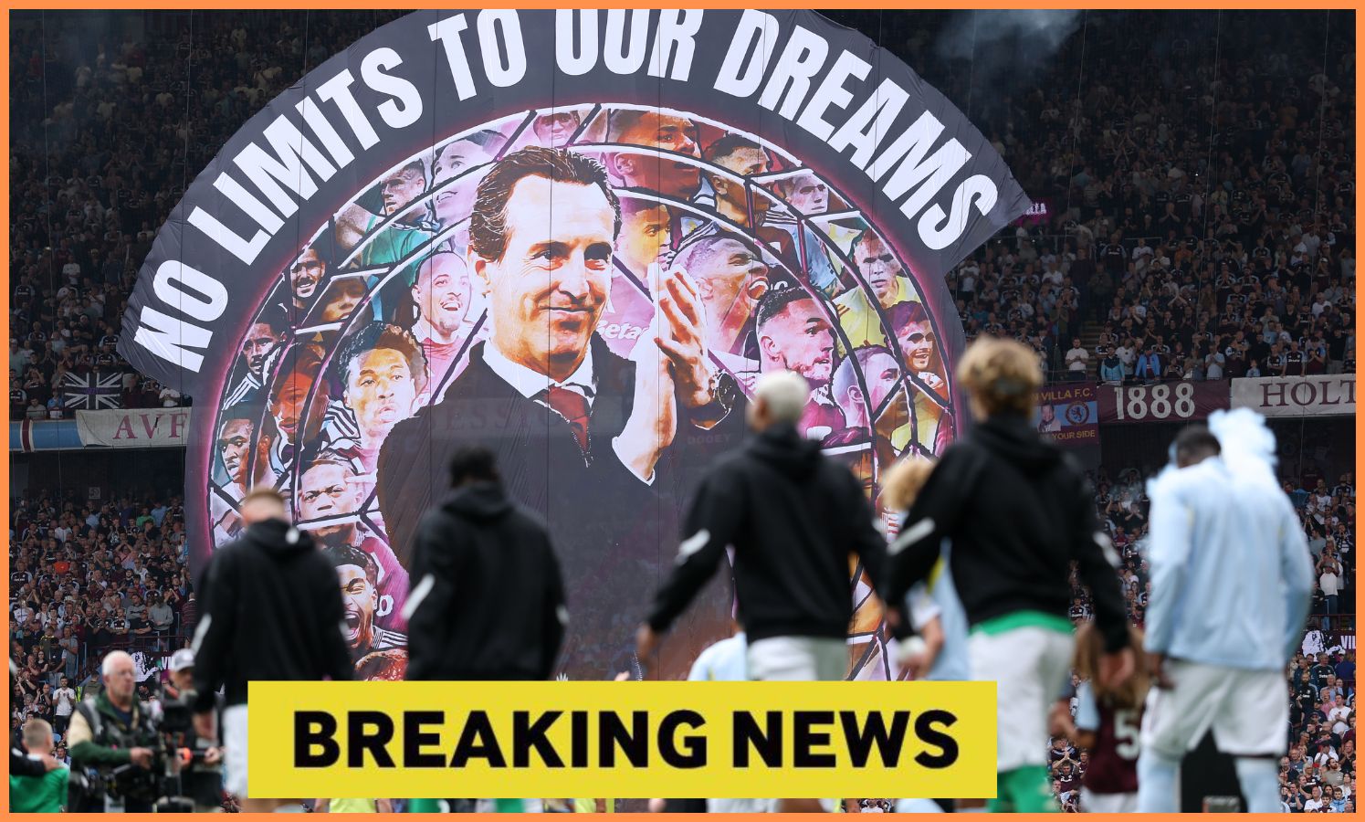 Unai Emery banner at Villa Park, plus yellow 'breaking news' banner