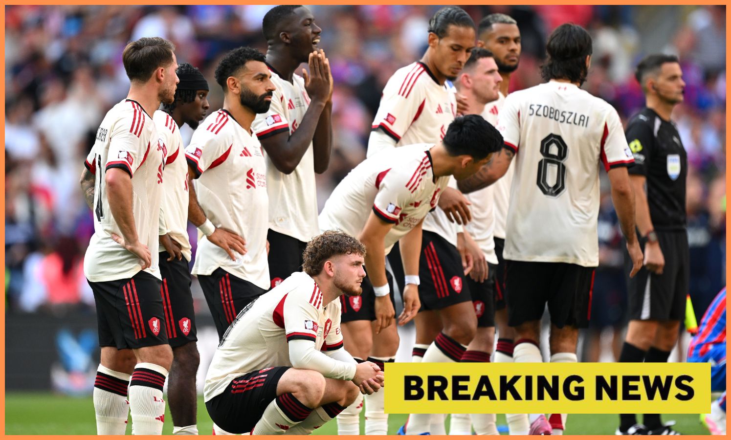 Harvey Elliott and his Liverpool teammates react to the penalty shoot-out defeat vs Crystal Palace