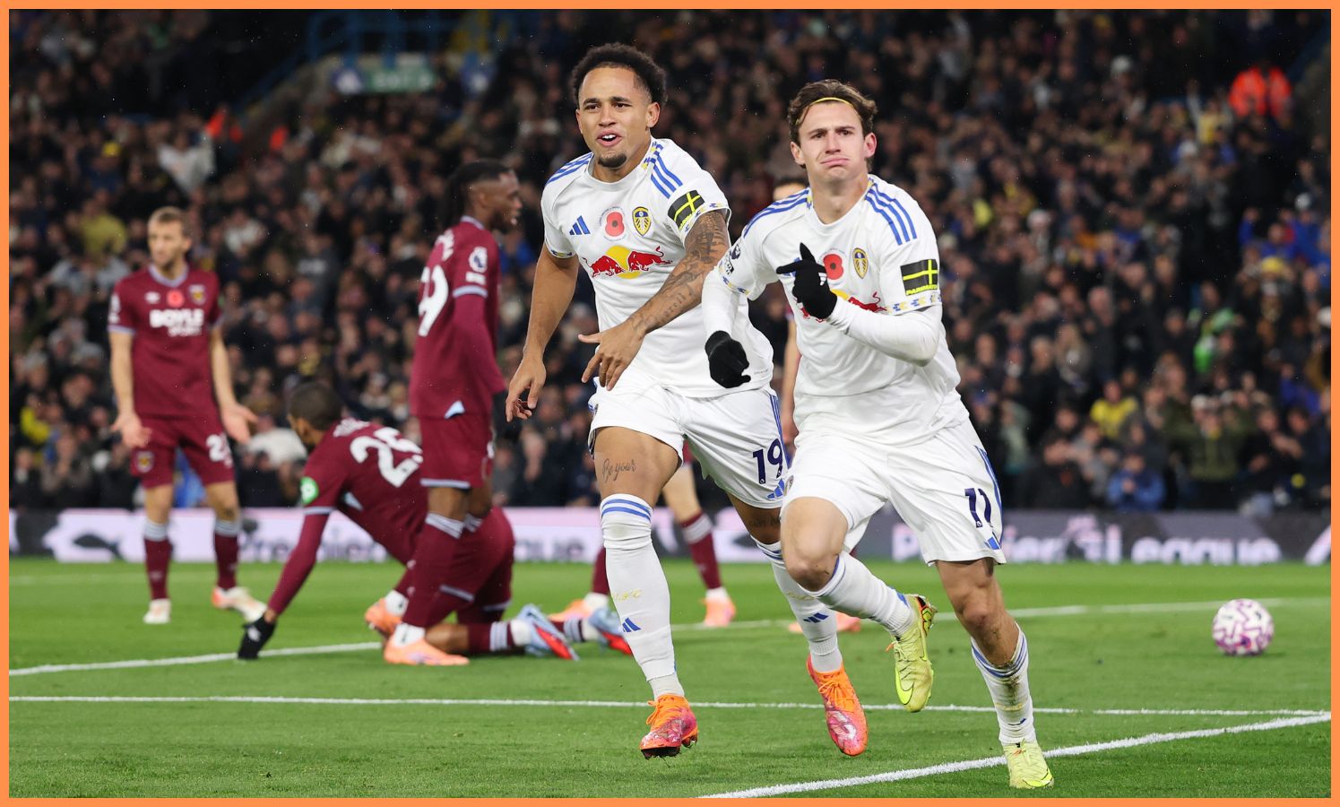 Noah Okafor celebrates Brenden Aaronson's goal for Leeds